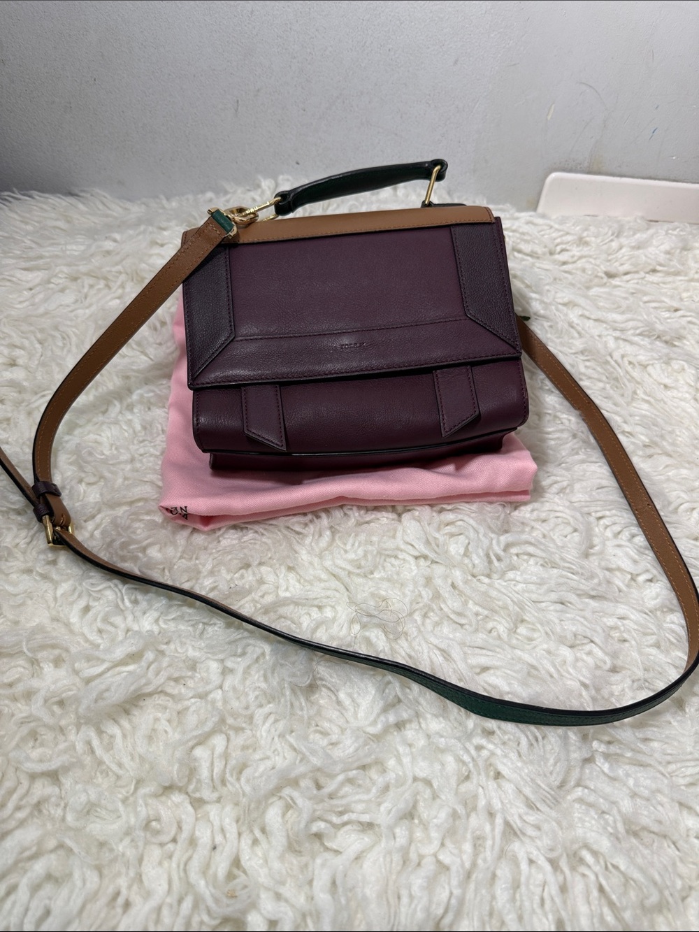 Rosa.K burgandy green and tan tri color with top handle leather crossbody small